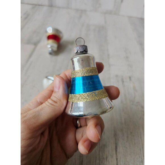Vintage glitter mercury glass bell ornament gold striped green red blue set Xmas - Picture 12 of 15